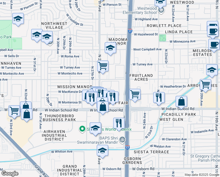 map of restaurants, bars, coffee shops, grocery stores, and more near 3618 North 22nd Drive in Phoenix