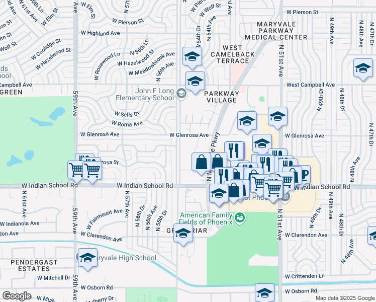 map of restaurants, bars, coffee shops, grocery stores, and more near 4141 North 55th Avenue in Phoenix