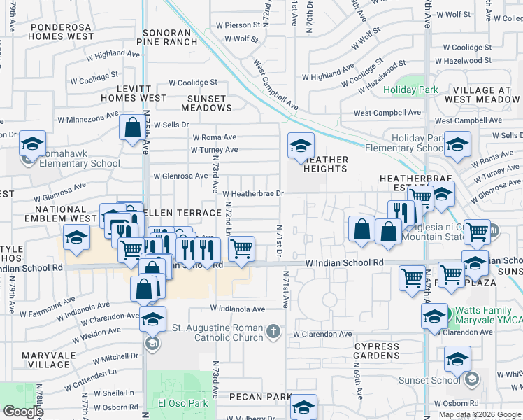 map of restaurants, bars, coffee shops, grocery stores, and more near 7147 West Heatherbrae Drive in Phoenix
