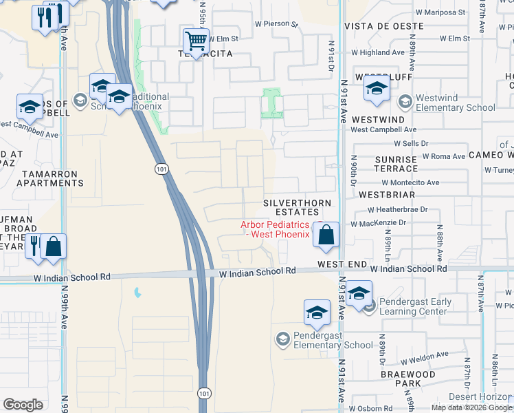 map of restaurants, bars, coffee shops, grocery stores, and more near 9324 West Glenrosa Avenue in Phoenix