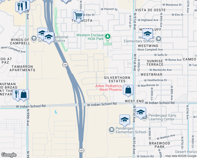 map of restaurants, bars, coffee shops, grocery stores, and more near 4230 North 92nd Lane in Phoenix
