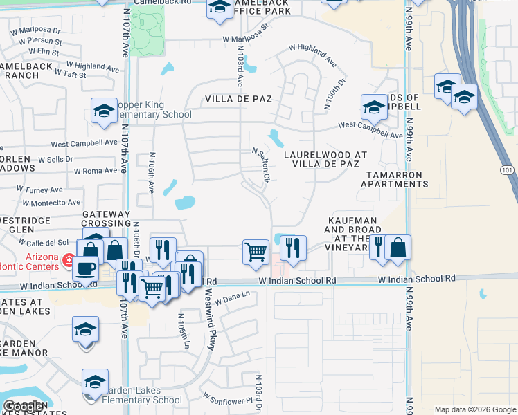map of restaurants, bars, coffee shops, grocery stores, and more near 4380 North 103rd Avenue in Phoenix