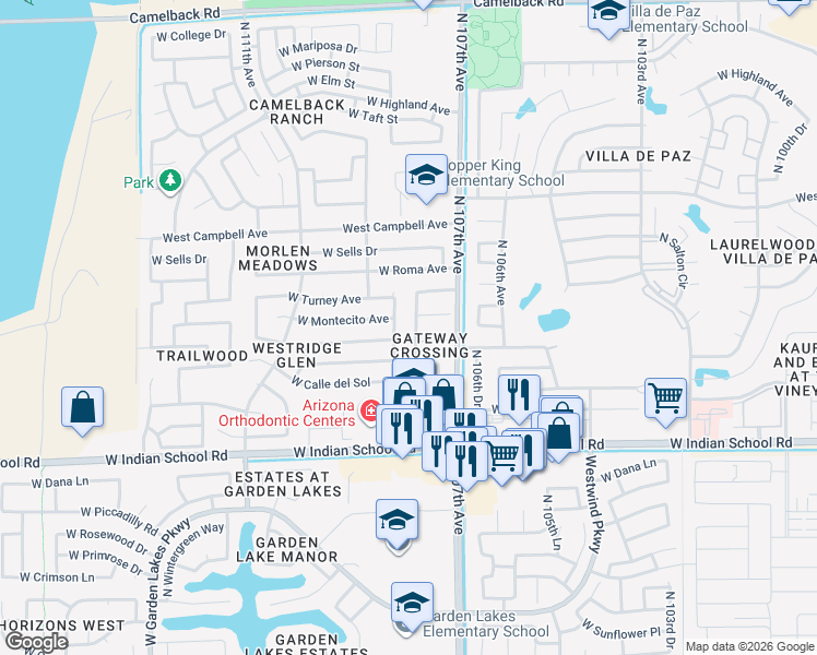 map of restaurants, bars, coffee shops, grocery stores, and more near 10730 West Montecito Avenue in Phoenix