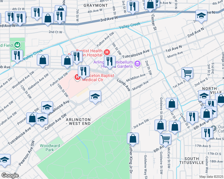 map of restaurants, bars, coffee shops, grocery stores, and more near 637 Cotton Avenue Southwest in Birmingham