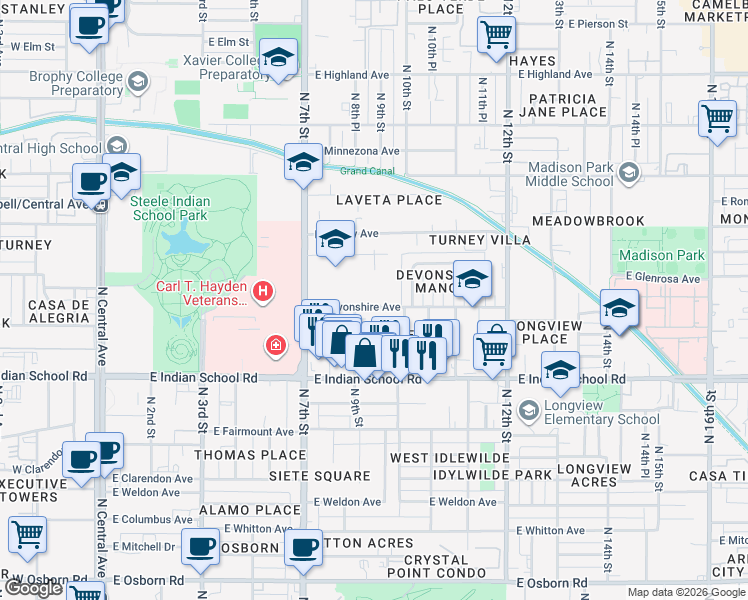 map of restaurants, bars, coffee shops, grocery stores, and more near 920 East Devonshire Avenue in Phoenix