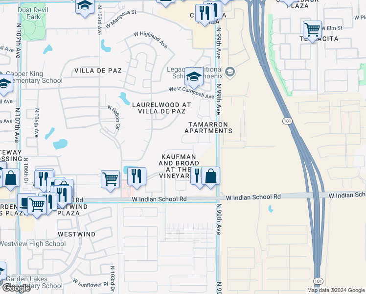 map of restaurants, bars, coffee shops, grocery stores, and more near 9958 West Mackenzie Drive in Phoenix