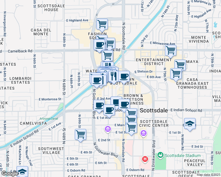 map of restaurants, bars, coffee shops, grocery stores, and more near 7081 East 5th Avenue in Scottsdale