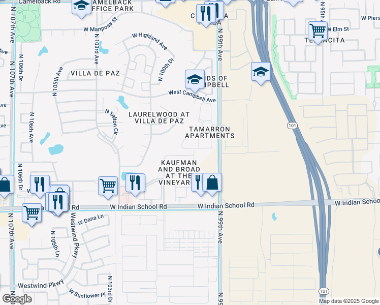 map of restaurants, bars, coffee shops, grocery stores, and more near 9946 West Mackenzie Drive in Phoenix
