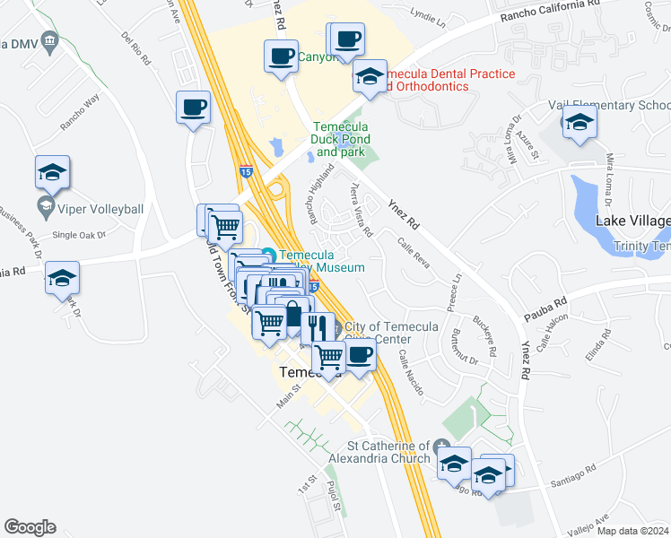 map of restaurants, bars, coffee shops, grocery stores, and more near 43124 Avenida Cielo in Temecula