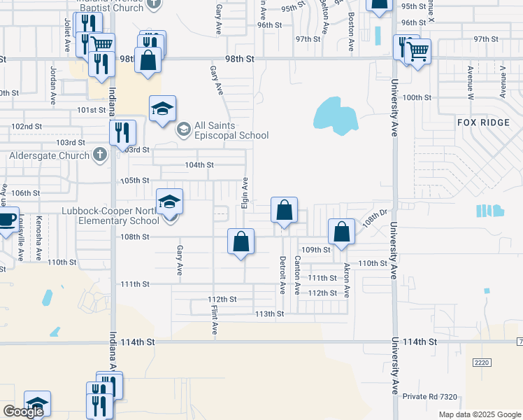 map of restaurants, bars, coffee shops, grocery stores, and more near 2907 106th Street in Lubbock