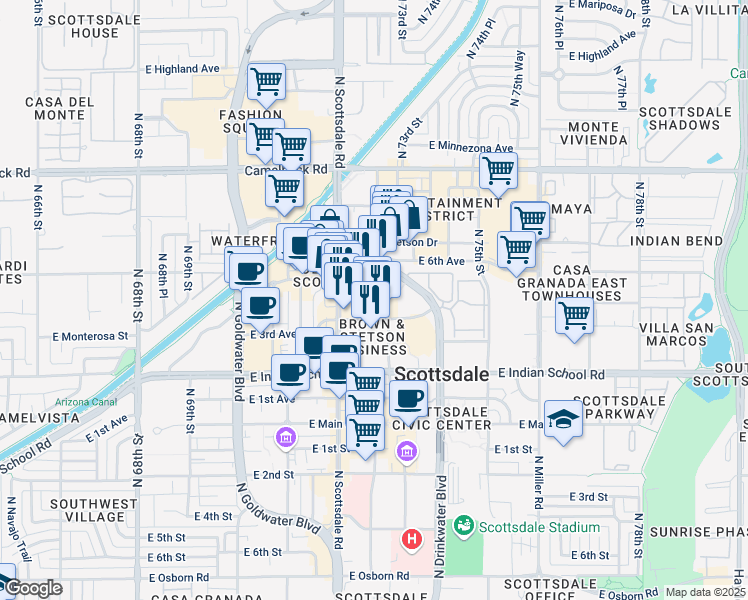 map of restaurants, bars, coffee shops, grocery stores, and more near 4251 North Brown Avenue in Scottsdale