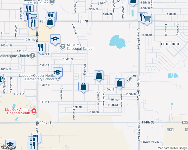 map of restaurants, bars, coffee shops, grocery stores, and more near 2901 106th Street in Lubbock