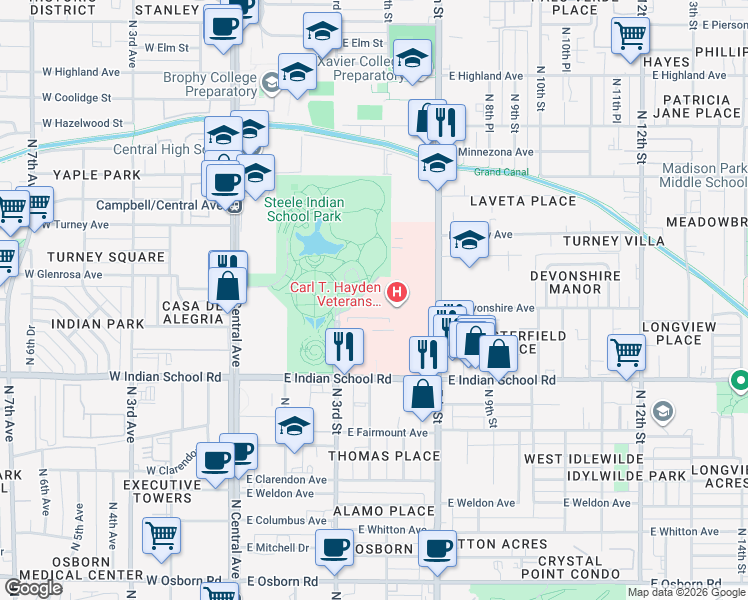 map of restaurants, bars, coffee shops, grocery stores, and more near Farm Road in Phoenix