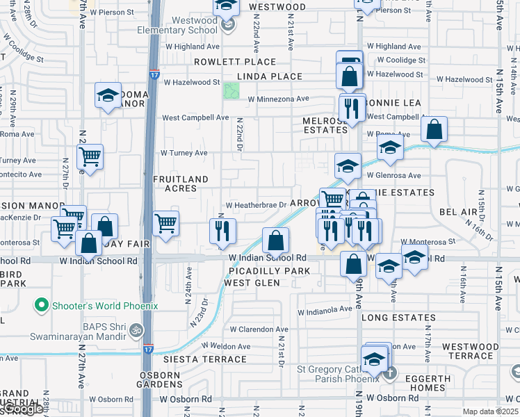 map of restaurants, bars, coffee shops, grocery stores, and more near 2141 West Heatherbrae Drive in Phoenix