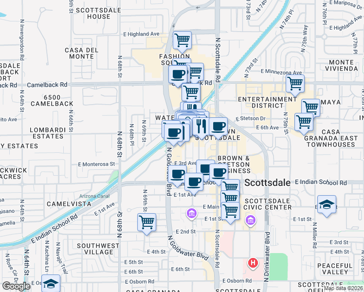 map of restaurants, bars, coffee shops, grocery stores, and more near 7081 East 5th Avenue in Scottsdale