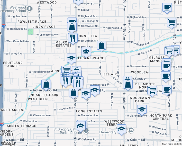 map of restaurants, bars, coffee shops, grocery stores, and more near 1717 West Heatherbrae Drive in Phoenix