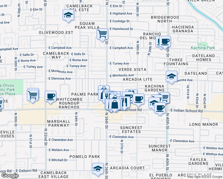 map of restaurants, bars, coffee shops, grocery stores, and more near 3615 East Glenrosa Avenue in Phoenix