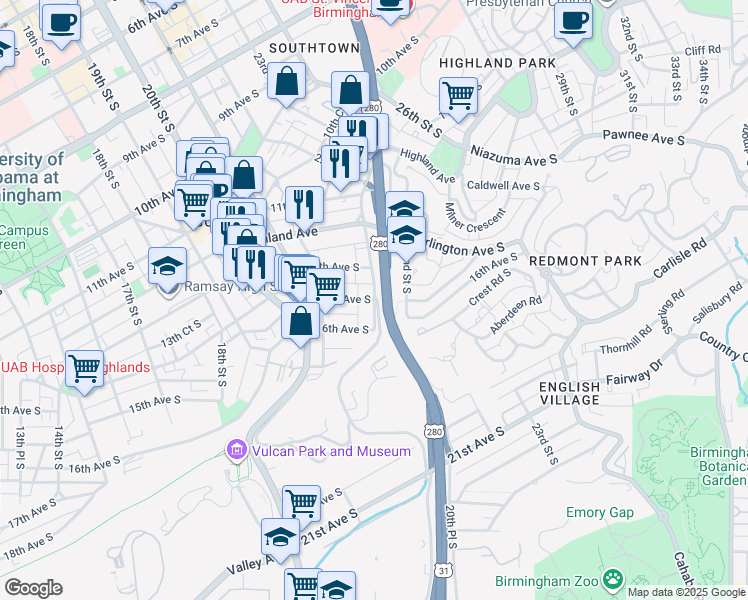 map of restaurants, bars, coffee shops, grocery stores, and more near 2301 15th Avenue South in Birmingham