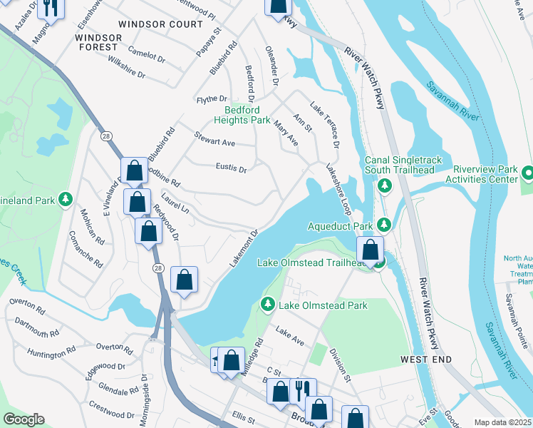 map of restaurants, bars, coffee shops, grocery stores, and more near 109 Lakemont Drive in Augusta