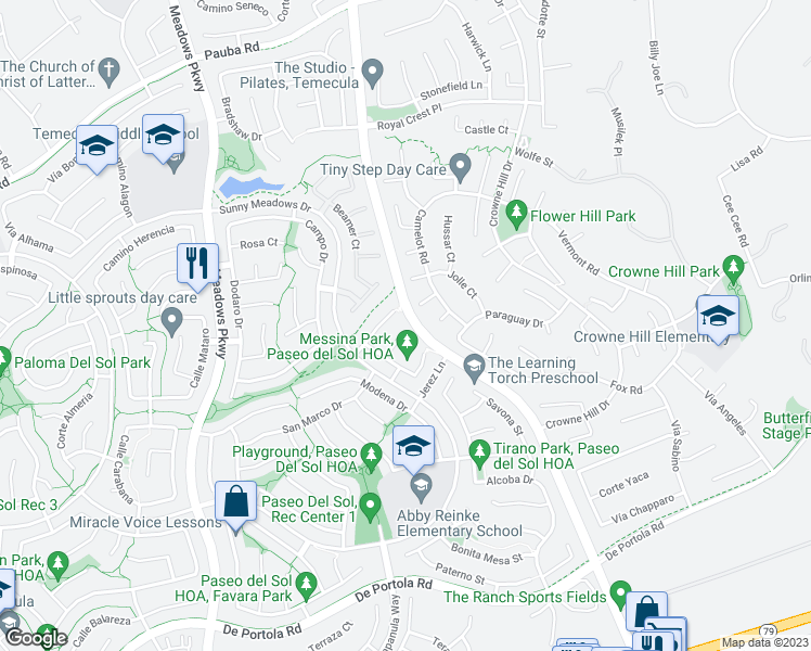 map of restaurants, bars, coffee shops, grocery stores, and more near 32881 Verona Court in Temecula