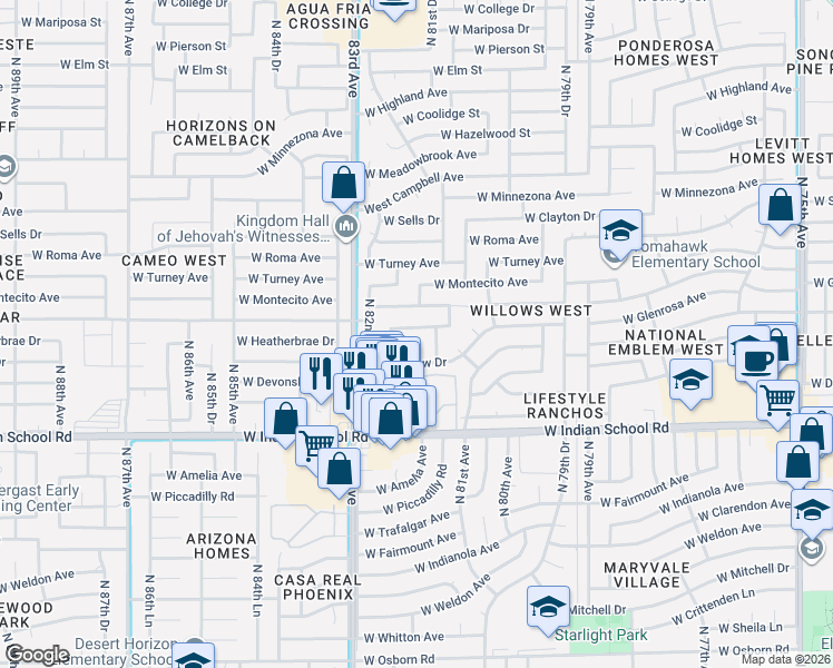 map of restaurants, bars, coffee shops, grocery stores, and more near 8146 West Heatherbrae Drive in Phoenix