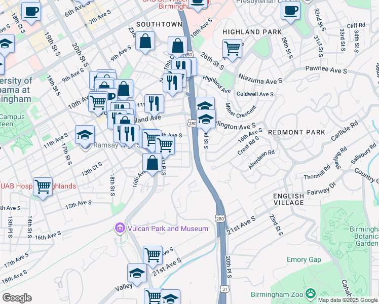 map of restaurants, bars, coffee shops, grocery stores, and more near 2301 15th Avenue South in Birmingham