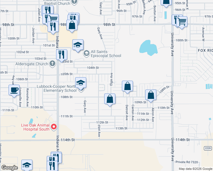 map of restaurants, bars, coffee shops, grocery stores, and more near 10510 Elgin Avenue in Lubbock