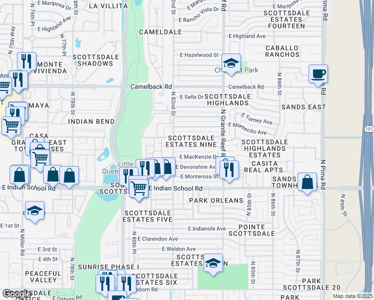 map of restaurants, bars, coffee shops, grocery stores, and more near 8240 East Heatherbrae Avenue in Scottsdale
