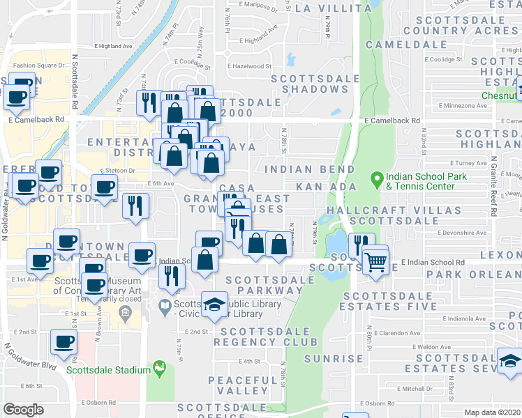 map of restaurants, bars, coffee shops, grocery stores, and more near 7709 East Glenrosa Avenue in Scottsdale