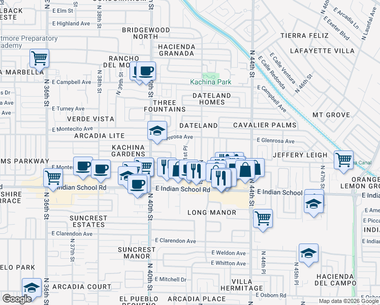 map of restaurants, bars, coffee shops, grocery stores, and more near 4228 North 42nd Street in Phoenix