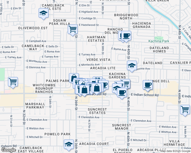 map of restaurants, bars, coffee shops, grocery stores, and more near 4212 North 38th Street in Phoenix