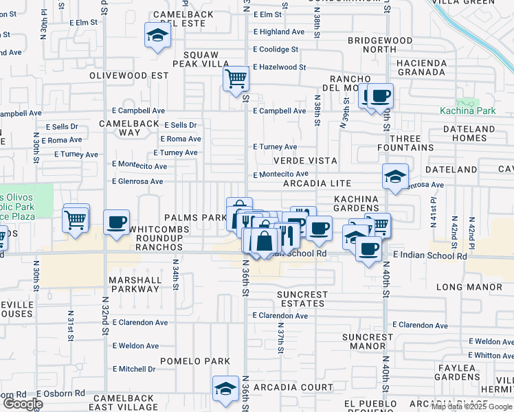 map of restaurants, bars, coffee shops, grocery stores, and more near 3615 East Glenrosa Avenue in Phoenix