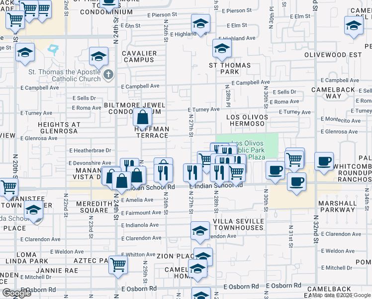 map of restaurants, bars, coffee shops, grocery stores, and more near in Phoenix
