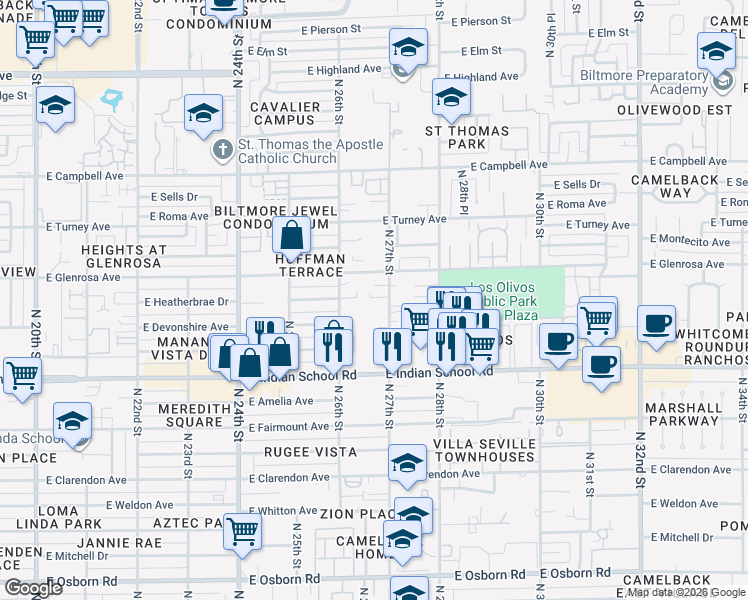 map of restaurants, bars, coffee shops, grocery stores, and more near in Phoenix