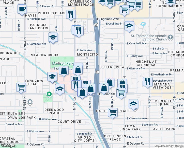 map of restaurants, bars, coffee shops, grocery stores, and more near 1735 East Glenrosa Avenue in Phoenix