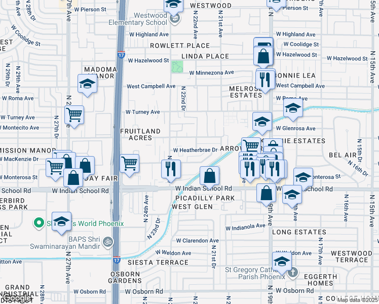 map of restaurants, bars, coffee shops, grocery stores, and more near 2214 West Heatherbrae Drive in Phoenix