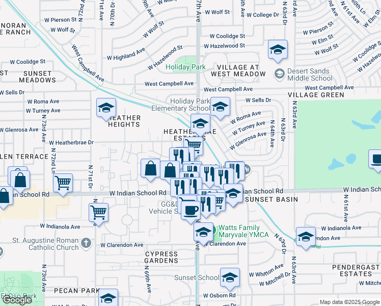 map of restaurants, bars, coffee shops, grocery stores, and more near 4255 North 67th Lane in Phoenix