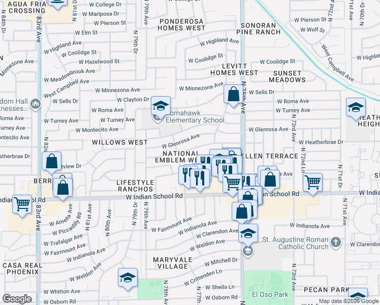 map of restaurants, bars, coffee shops, grocery stores, and more near 7640 West Heatherbrae Drive in Phoenix