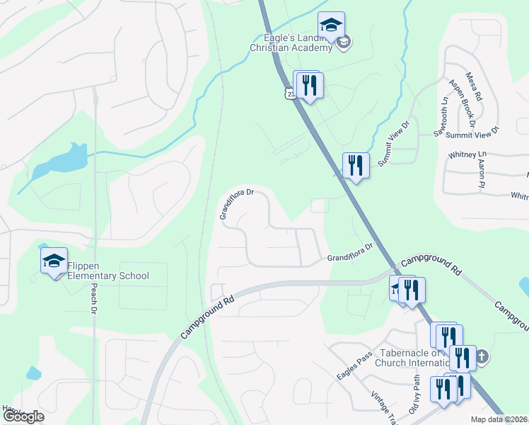 map of restaurants, bars, coffee shops, grocery stores, and more near 410 Grandiflora Drive in McDonough