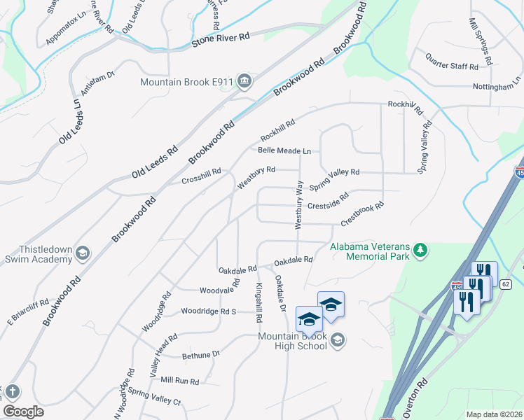 map of restaurants, bars, coffee shops, grocery stores, and more near 3604 Crestside Road in Birmingham
