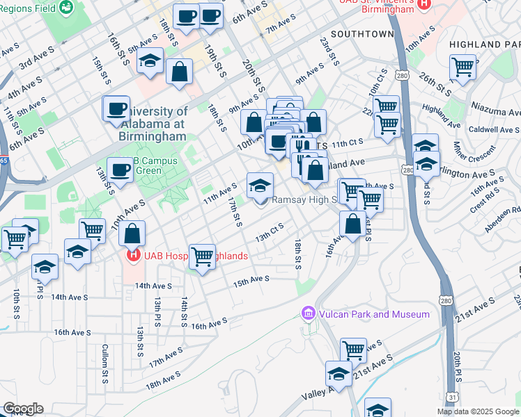 map of restaurants, bars, coffee shops, grocery stores, and more near 1730 12th Avenue South in Birmingham
