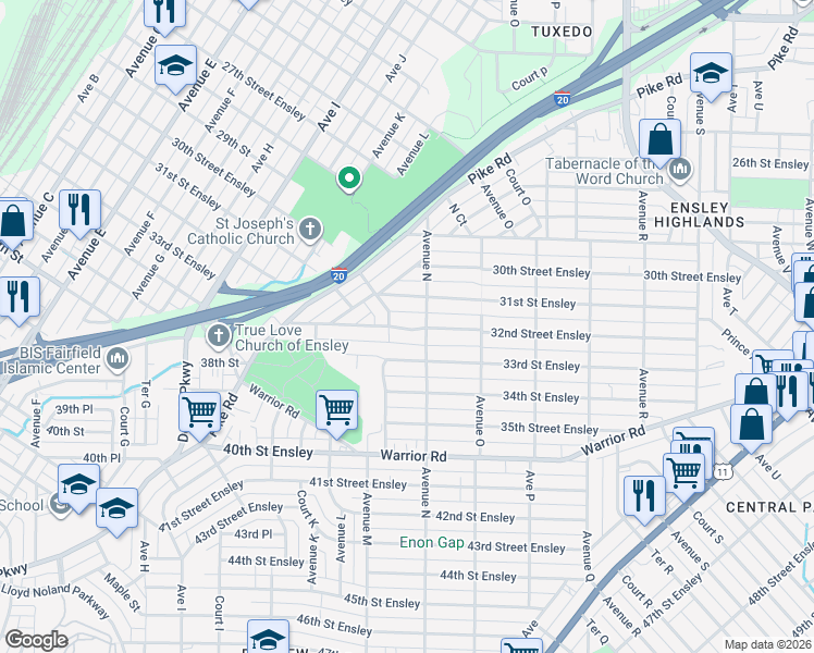 map of restaurants, bars, coffee shops, grocery stores, and more near 1304 32nd Street Ensley in Birmingham