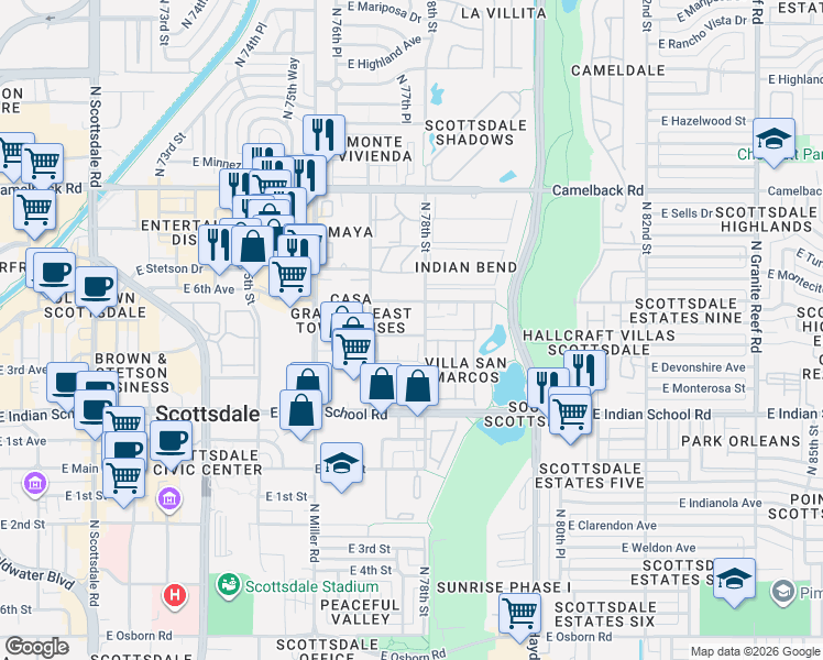 map of restaurants, bars, coffee shops, grocery stores, and more near 7740 East Heatherbrae Avenue in Scottsdale