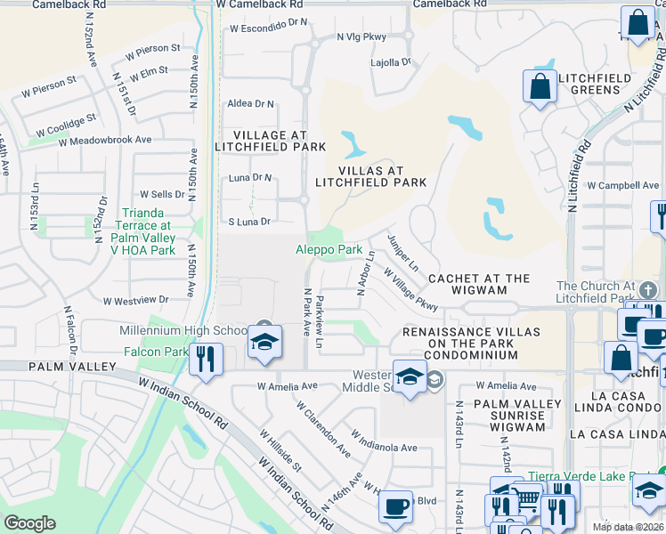 map of restaurants, bars, coffee shops, grocery stores, and more near 245 North Parkview Court in Litchfield Park