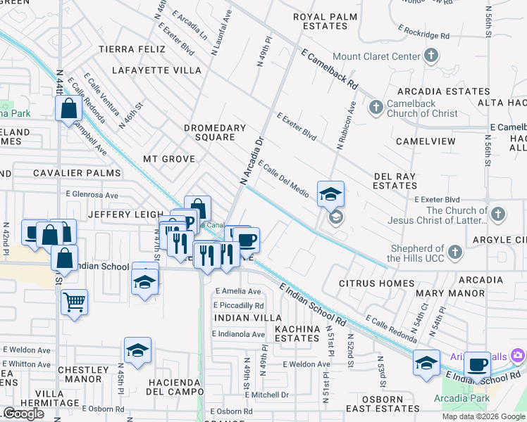 map of restaurants, bars, coffee shops, grocery stores, and more near 4935 East Lafayette Boulevard in Phoenix