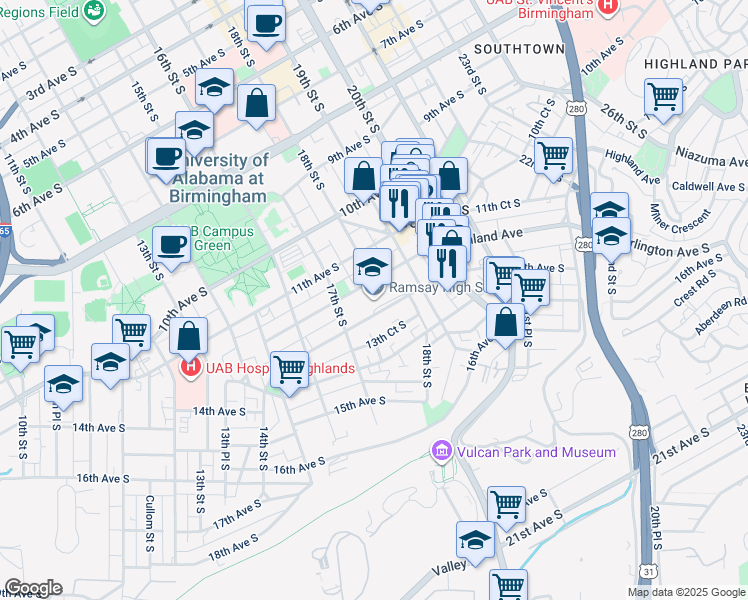map of restaurants, bars, coffee shops, grocery stores, and more near 1800 13th Avenue South in Birmingham