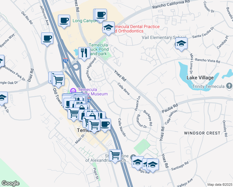 map of restaurants, bars, coffee shops, grocery stores, and more near 28232 Tierra Vista Road in Temecula