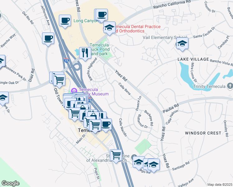 map of restaurants, bars, coffee shops, grocery stores, and more near 28232 Tierra Vista Road in Temecula