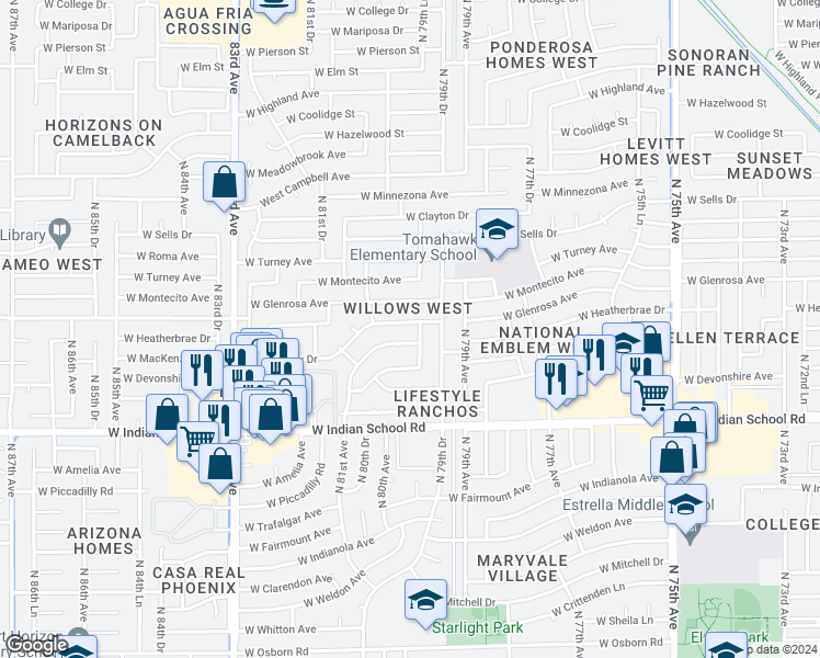 map of restaurants, bars, coffee shops, grocery stores, and more near 7953 West Heatherbrae Drive in Phoenix