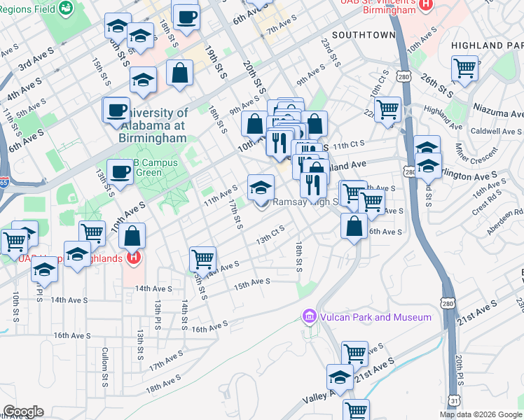 map of restaurants, bars, coffee shops, grocery stores, and more near 1730 12th Avenue South in Birmingham